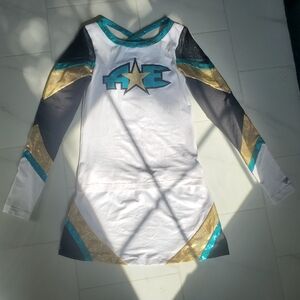 A / E Teal & Gold Cheerleading Uniform Costume Cheerleading.com / CC Dancewear